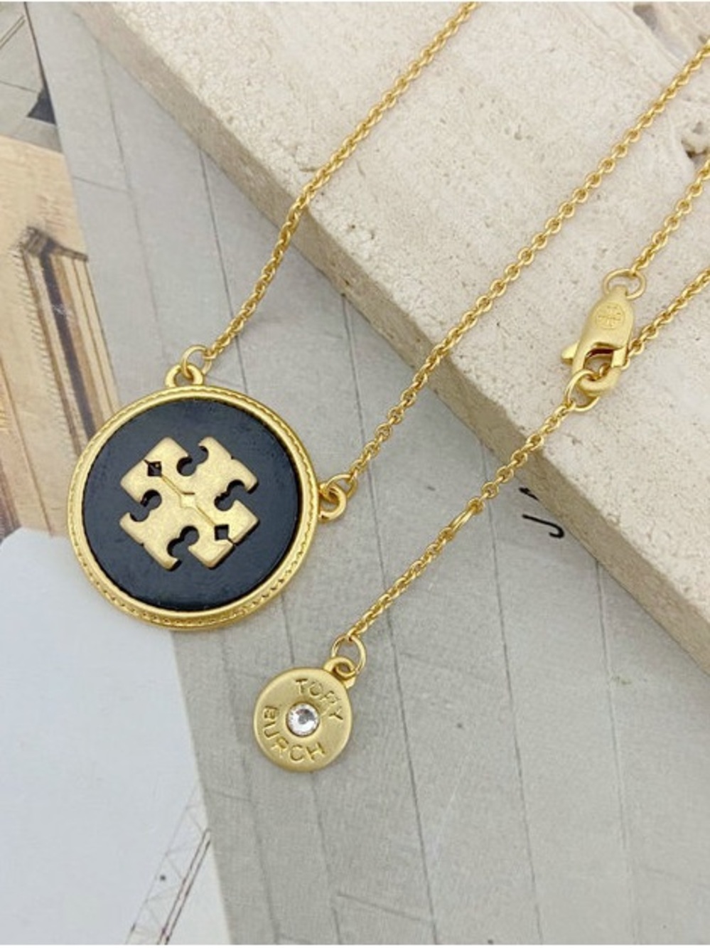 Tory Burch Gold and Black Round Logo Pendant Necklace